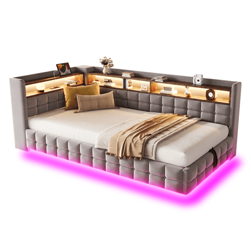 Sofá-cama multifuncional 90x200 - Armazenamento hidráulico, LED, USB, prateleira de madeira - Cinza claro Sofá-cama multifuncional 90x200 - Armazenamento hidráulico, LED, USB, prateleira de madeira - Cinza claro