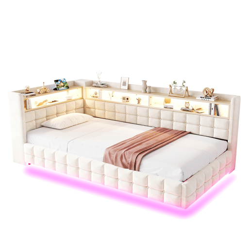 Sofá-cama multifuncional 90x200 - Armazenamento hidráulico, prateleira de madeira, LED, USB - Bege Sofá-cama multifuncional 90x200 - Armazenamento hidráulico, prateleira de madeira, LED, USB - Bege