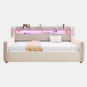 Sofá-cama 90x200 cm - Com armazenamento hidráulico, LED, tomada, bege