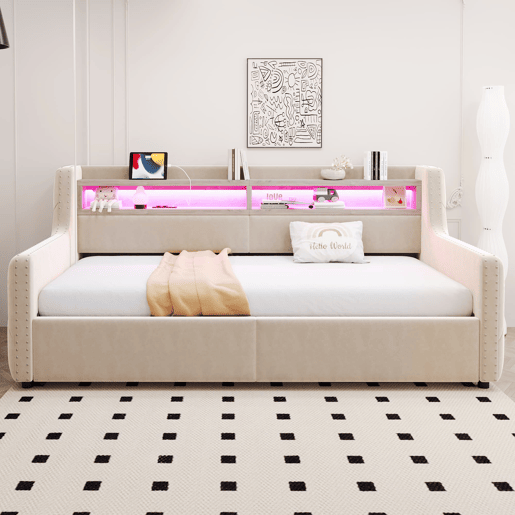 Sofá-cama 90x200 cm - Com armazenamento hidráulico, LED, tomada, bege