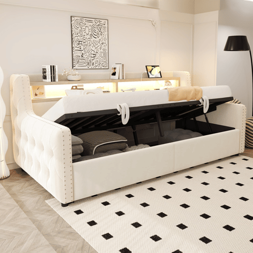 Sofá-cama 90x200 cm - Com armazenamento hidráulico, LED, tomada, bege