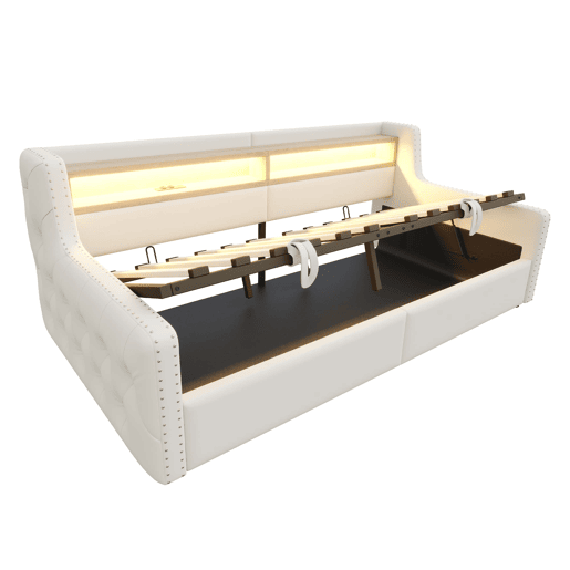 Sofá-cama 90x200 cm - Com armazenamento hidráulico, LED, tomada, bege