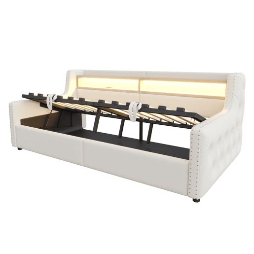 Sofá-cama 90x200 cm - Com armazenamento hidráulico, LED, tomada, bege