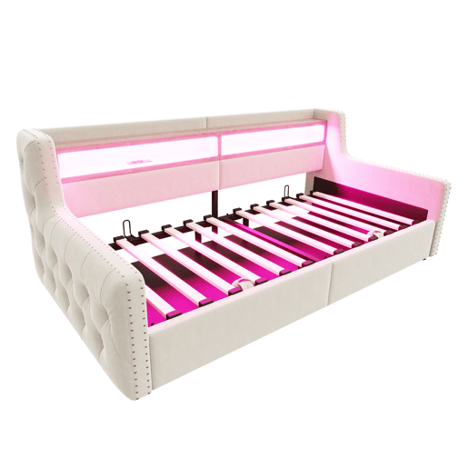 Sofá-cama 90x200 cm - Com armazenamento hidráulico, LED, tomada, bege