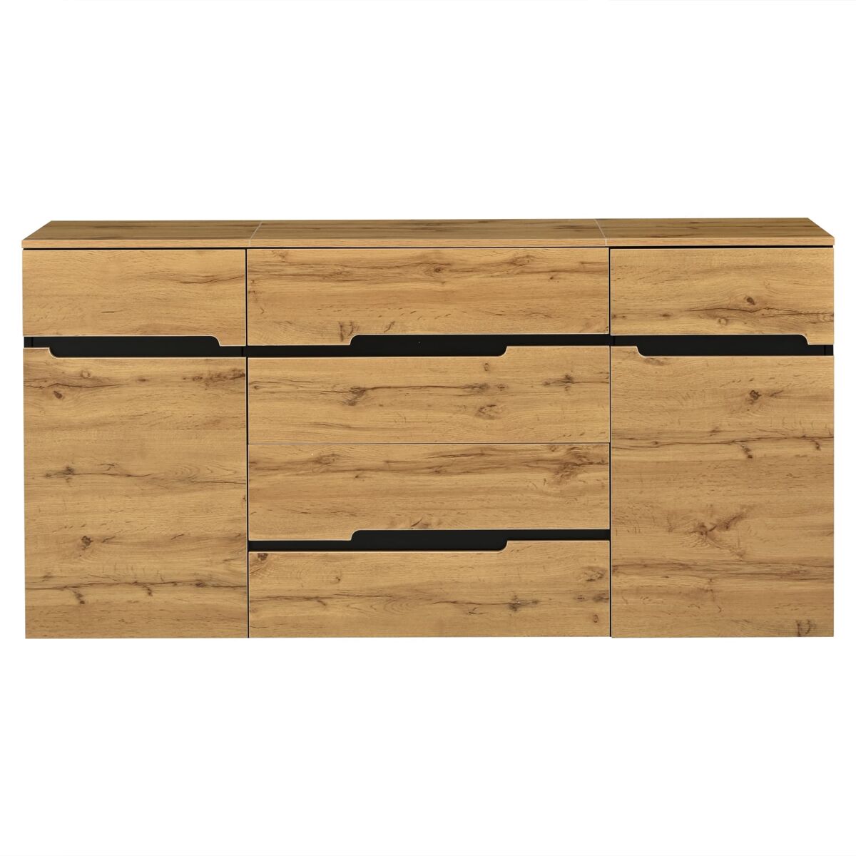 Aparador 160x40x80 cm - 2 puertas, 4 cajones, sin tiradores - negro y madera