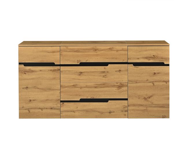 Aparador 160x40x80 cm - 2 puertas, 4 cajones, sin tiradores - negro y madera