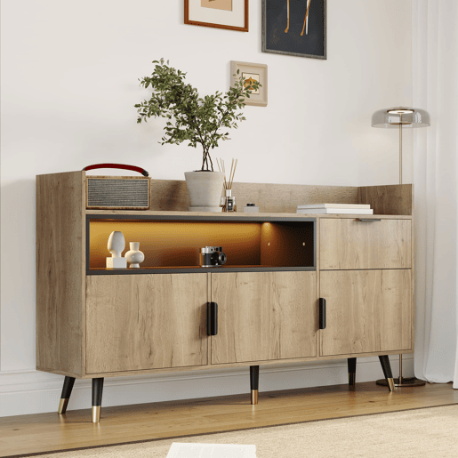 Aparador moderno 120 cm - prateleiras abertas, gavetas, portas basculantes - Natural