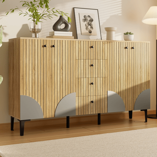 Aparador 160x36x94 cm - 4 portas 4 gavetas design minimalista - Madeira natural