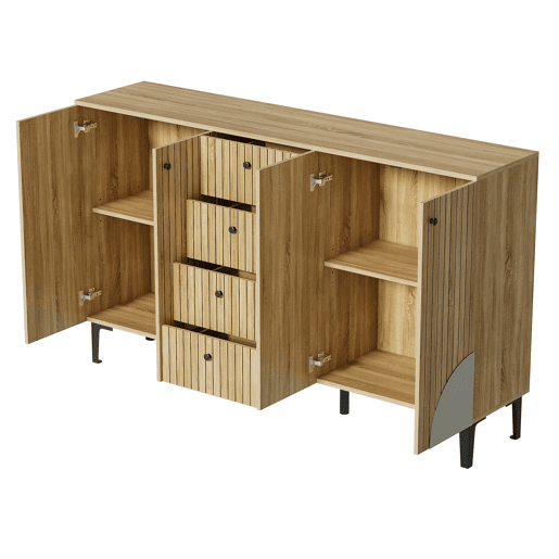 Aparador 160x36x94 cm - 4 portas 4 gavetas design minimalista - Madeira natural