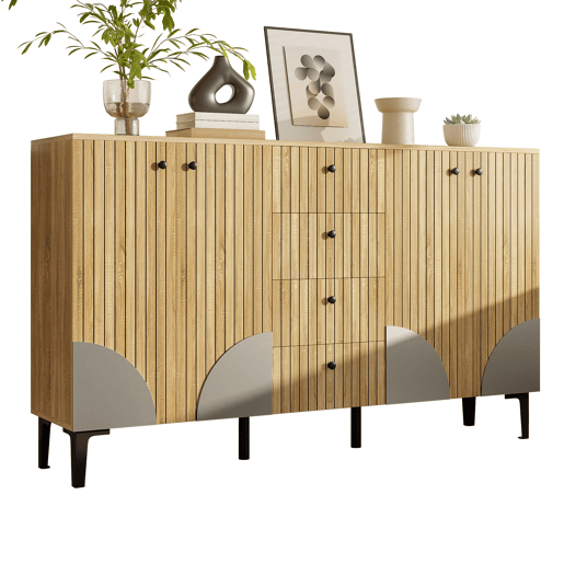 Aparador 160x36x94 cm - 4 portas 4 gavetas design minimalista - Madeira natural