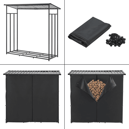Suporte para lenha Yakutat com lona metal 185x180x70cm Preto casa.pro
