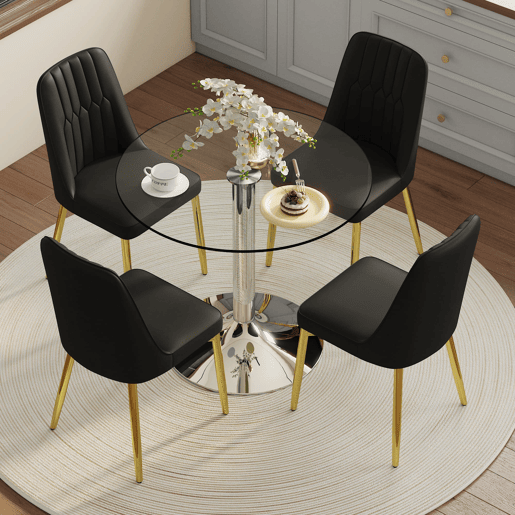 Conjunto de mesa de jantar 85 cm - vidro temperado e 4 cadeiras PU - preto e dourado