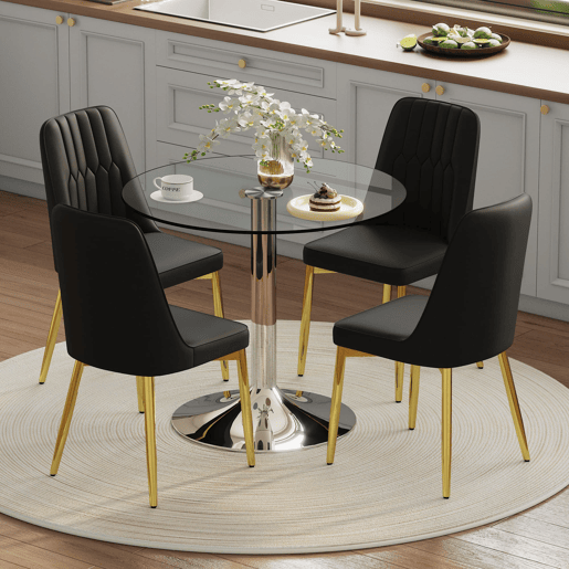 Conjunto de mesa de jantar 85 cm - vidro temperado e 4 cadeiras PU - preto e dourado