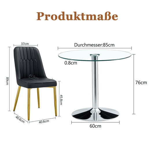 Conjunto de mesa de jantar 85 cm - vidro temperado e 4 cadeiras PU - preto e dourado