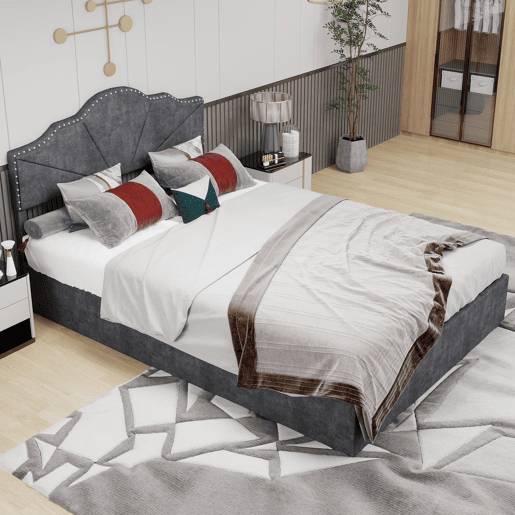 Cama moderna 140x200 cm - Cabeceira acolchoada macia, canapé alto com pistão - Cinza