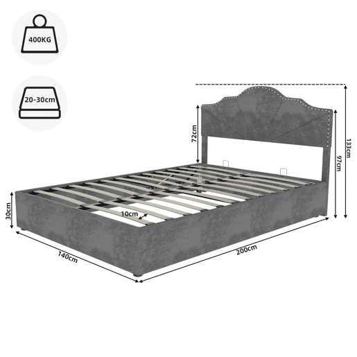 Cama moderna 140x200 cm - Cabeceira acolchoada macia, canapé alto com pistão - Cinza