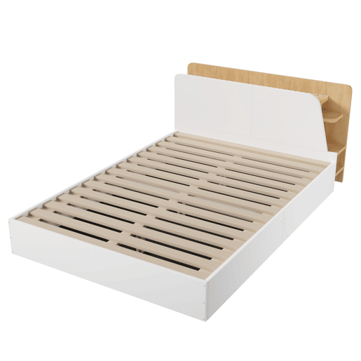 Cama com estrado rebatível 140x200 - LED USB Tipo C com controlo por aplicação, armazenamento - BrancoNatural