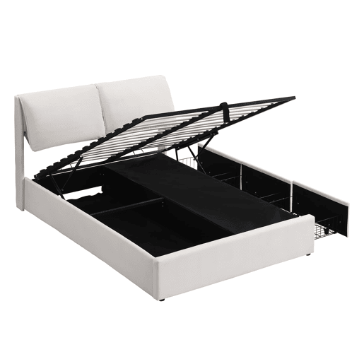 Cama estofada, 140x190 - hidráulica, 3 gavetas, baú, estrado com cabeceira, sem colchão - bege
