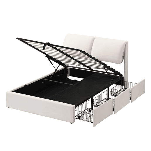 Cama estofada, 140x190 - hidráulica, 3 gavetas, baú, estrado com cabeceira, sem colchão - bege