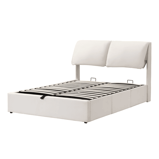 Cama estofada, 140x190 - hidráulica, 3 gavetas, baú, estrado com cabeceira, sem colchão - bege
