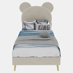 Cama estofada minimalista 90x200 - cabeceira cartoon, base baixa, sem arrumação - bege