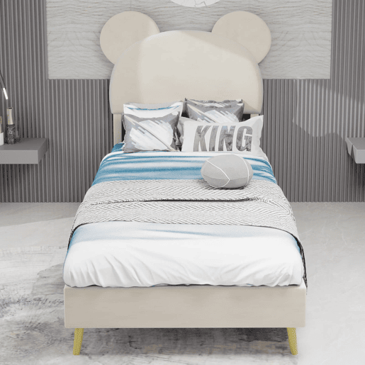 Cama estofada minimalista 90x200 - cabeceira cartoon, base baixa, sem arrumação - bege