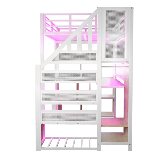 Cama alta metálica 90x200 cm - com armário, secretária e LED - branco