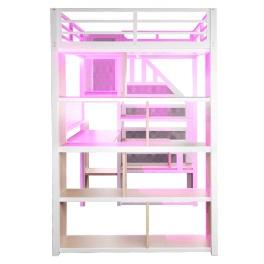 Cama alta metálica 90x200 cm - com armário, secretária e LED - branco