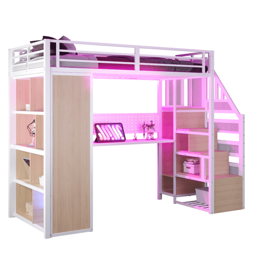 Cama alta metálica 90x200 cm - com armário, secretária e LED - branco