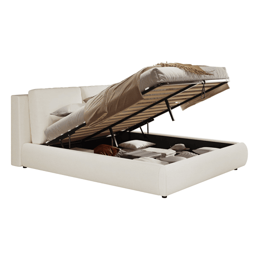 Cama estofada 180x200 cm - com arrumação hidráulica e estrado - bege bouclé
