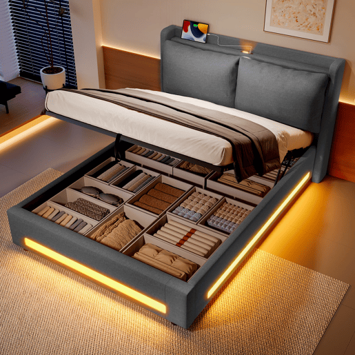 Cama estofada 160x200 cm - com almofada removível, função de armazenamento, portas USB-C, luzes LED, proteção contra poeira - Cinza escuro