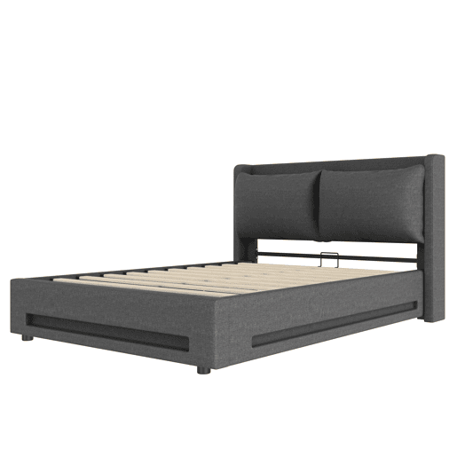 Cama estofada 160x200 cm - com almofada removível, função de armazenamento, portas USB-C, luzes LED, proteção contra poeira - Cinza escuro