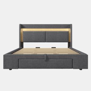 Cama estofada 180x200 - arrumação hidráulica, cabeceira com LED e USB - Cinza