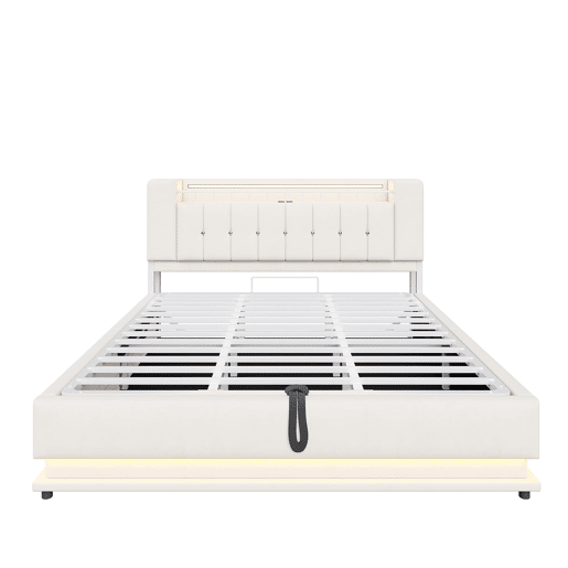 Cama estofada 180x200 cm - LED, USB, armazenamento hidráulico, veludo, estrutura metálica - Bege Cama estofada 180x200 cm - LED, USB, armazenamento hidráulico, veludo, estrutura metálica - Bege