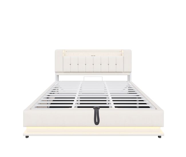 Cama tapizada 180x200 cm - led, usb, almacenamiento hidráulico, terciopelo, estructura metálica - beige
