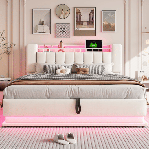 Cama estofada 180x200 cm - LED, USB, armazenamento hidráulico, veludo, estrutura metálica - Bege Cama estofada 180x200 cm - LED, USB, armazenamento hidráulico, veludo, estrutura metálica - Bege