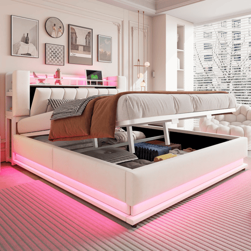 Cama estofada 180x200 cm - LED, USB, armazenamento hidráulico, veludo, estrutura metálica - Bege Cama estofada 180x200 cm - LED, USB, armazenamento hidráulico, veludo, estrutura metálica - Bege