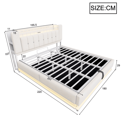 Cama estofada 180x200 cm - LED, USB, armazenamento hidráulico, veludo, estrutura metálica - Bege Cama estofada 180x200 cm - LED, USB, armazenamento hidráulico, veludo, estrutura metálica - Bege