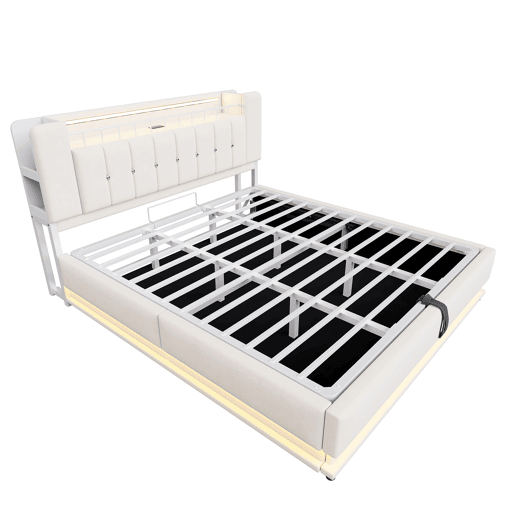 Cama estofada 180x200 cm - LED, USB, armazenamento hidráulico, veludo, estrutura metálica - Bege Cama estofada 180x200 cm - LED, USB, armazenamento hidráulico, veludo, estrutura metálica - Bege