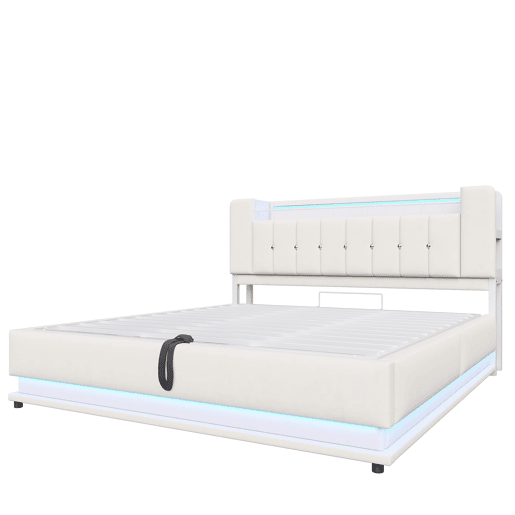 Cama estofada 180x200 cm - LED, USB, armazenamento hidráulico, veludo, estrutura metálica - Bege Cama estofada 180x200 cm - LED, USB, armazenamento hidráulico, veludo, estrutura metálica - Bege