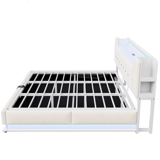 Cama estofada 180x200 cm - LED, USB, armazenamento hidráulico, veludo, estrutura metálica - Bege Cama estofada 180x200 cm - LED, USB, armazenamento hidráulico, veludo, estrutura metálica - Bege