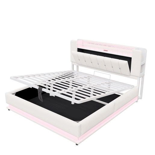 Cama estofada 180x200 cm - LED, USB, armazenamento hidráulico, veludo, estrutura metálica - Bege Cama estofada 180x200 cm - LED, USB, armazenamento hidráulico, veludo, estrutura metálica - Bege