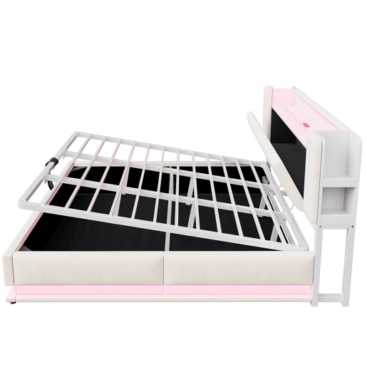 Cama estofada 180x200 cm - LED, USB, armazenamento hidráulico, veludo, estrutura metálica - Bege Cama estofada 180x200 cm - LED, USB, armazenamento hidráulico, veludo, estrutura metálica - Bege