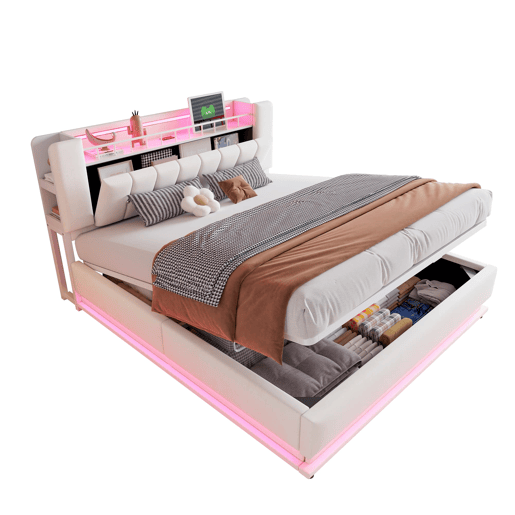 Cama estofada 180x200 cm - LED, USB, armazenamento hidráulico, veludo, estrutura metálica - Bege Cama estofada 180x200 cm - LED, USB, armazenamento hidráulico, veludo, estrutura metálica - Bege