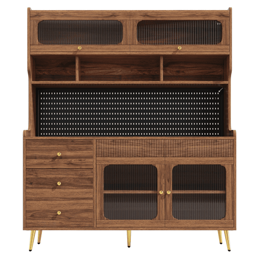 Aparador moderno 145x39x171 cm - LED, app, armazenamento com prateleiras e gaveta - Nogueira Aparador moderno 145x39x171 cm - LED, app, armazenamento com prateleiras e gaveta - Nogueira