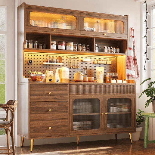Aparador moderno 145x39x171 cm - LED, app, armazenamento com prateleiras e gaveta - Nogueira Aparador moderno 145x39x171 cm - LED, app, armazenamento com prateleiras e gaveta - Nogueira