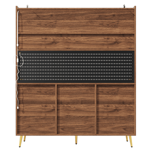 Aparador moderno 145x39x171 cm - LED, app, armazenamento com prateleiras e gaveta - Nogueira Aparador moderno 145x39x171 cm - LED, app, armazenamento com prateleiras e gaveta - Nogueira
