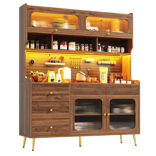 Aparador moderno 145x39x171 cm - LED, app, armazenamento com prateleiras e gaveta - Nogueira Aparador moderno 145x39x171 cm - LED, app, armazenamento com prateleiras e gaveta - Nogueira