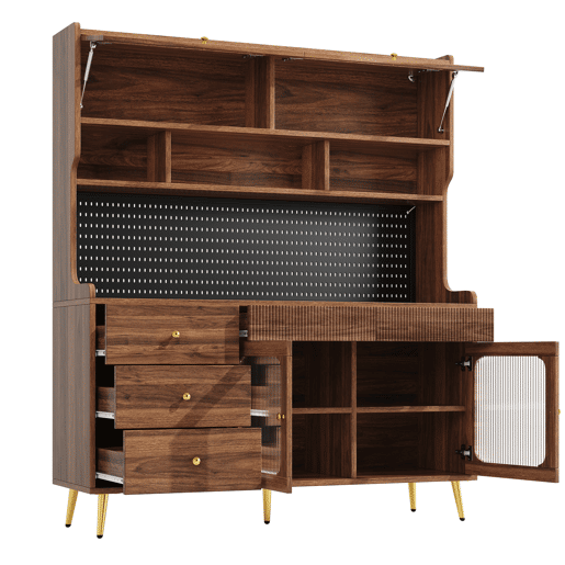 Aparador moderno 145x39x171 cm - LED, app, armazenamento com prateleiras e gaveta - Nogueira Aparador moderno 145x39x171 cm - LED, app, armazenamento com prateleiras e gaveta - Nogueira