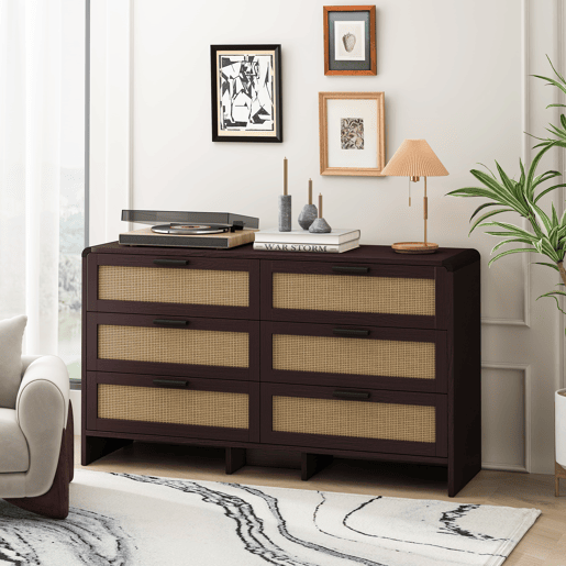 Móvel de canto 130 cm - 6 gavetas de armazenamento em rattan - Castanho avermelhado